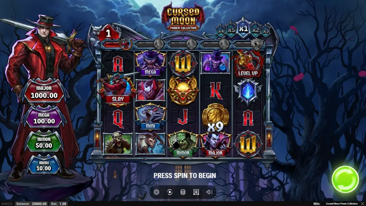 Pemandangan atmosferik dari slot Cursed Moon Power Collection dengan tema pemburu monster gotik