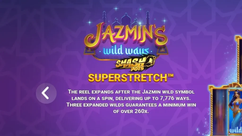 Pemandangan istana Arab yang megah dengan simbol permata berkilauan di slot Jazmin’s Wild Ways Smash Pots™