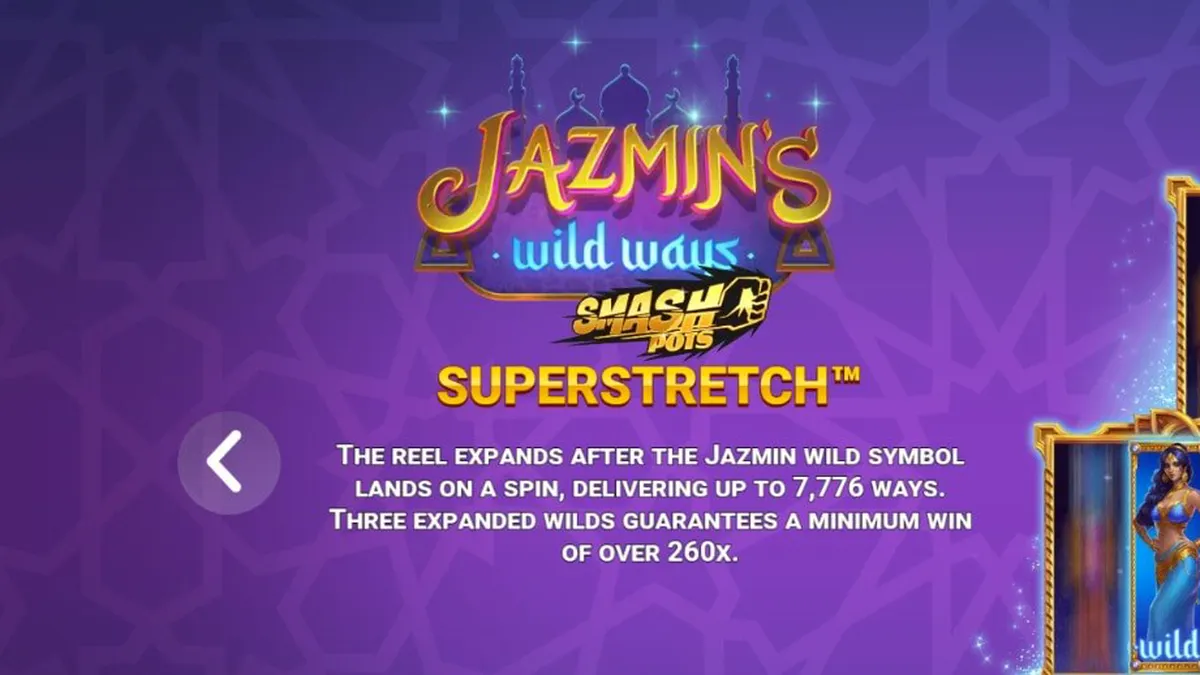 Pemandangan istana Arab yang megah dengan simbol permata berkilauan di slot Jazmin’s Wild Ways Smash Pots™