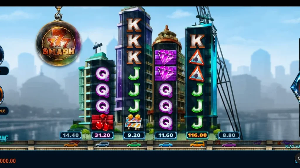 Tampilan visual slot 777 Smash dengan tema konstruksi dan bola penghancur