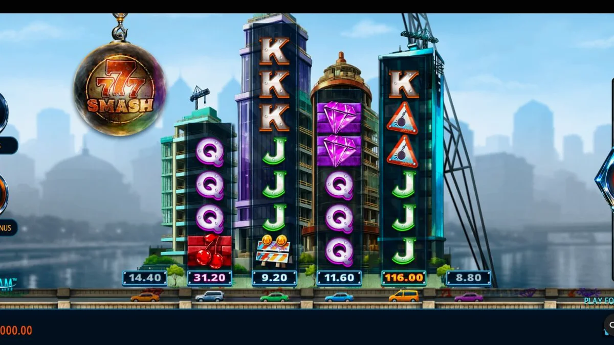 Tampilan visual slot 777 Smash dengan tema konstruksi dan bola penghancur